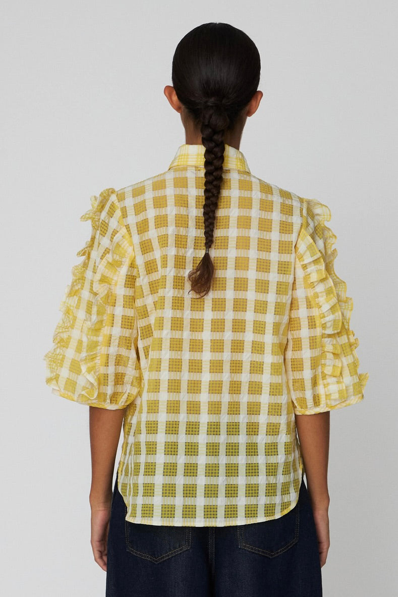 DELICATE CHECKED FRILL SHIRT | YELLOW