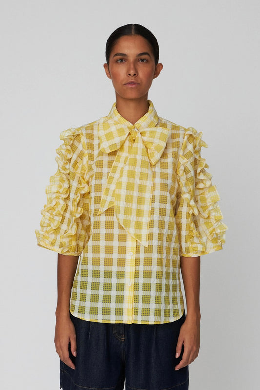 DELICATE CHECKED FRILL SHIRT | YELLOW