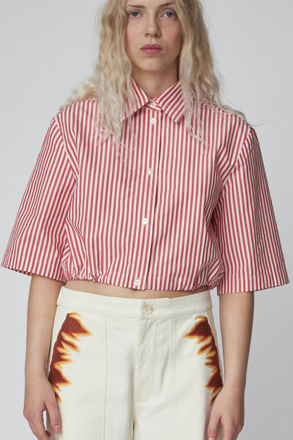 CROPPED STRIPED COTTON SHIRT | RED