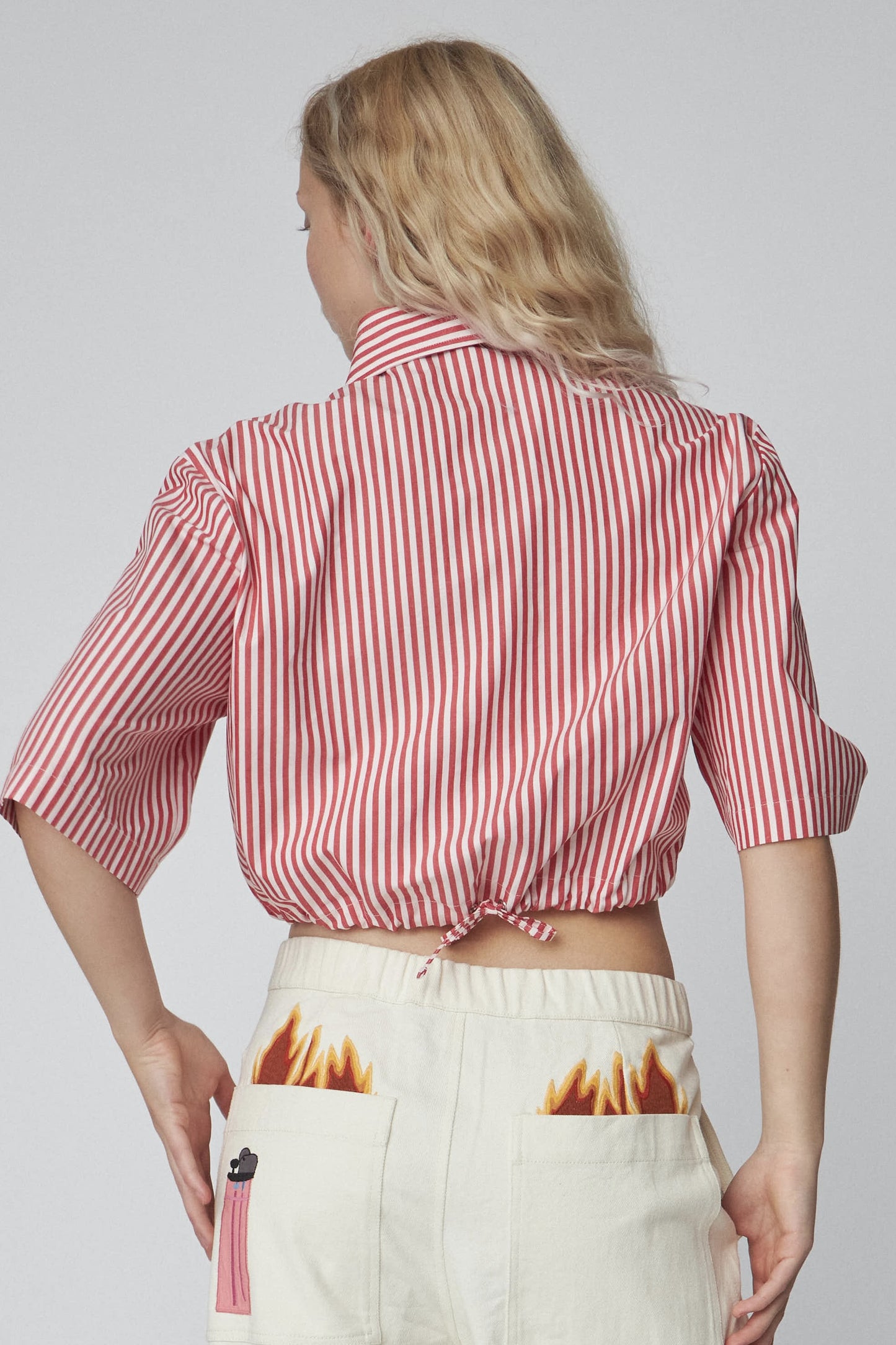 CROPPED STRIPED COTTON SHIRT | RED