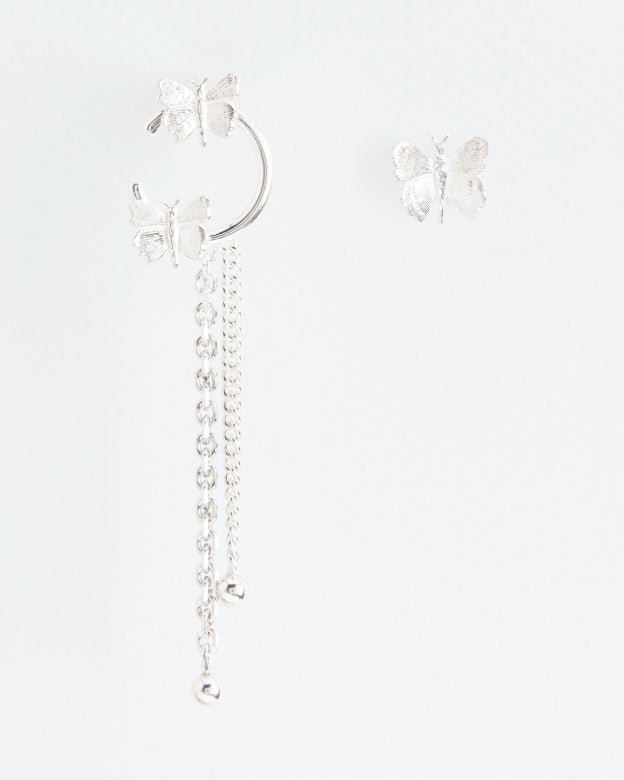 STUD HOOP EARRING WITH BUTTERFLIES & CUFF | SILVER