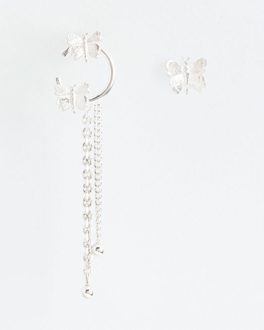 STUD HOOP EARRING WITH BUTTERFLIES & CUFF | SILVER