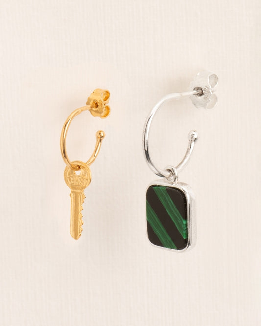ASSYMETRIC EARRINGS WITH KEY & MOSAIC | SILVER-GOLD