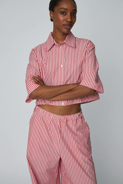 CROPPED STRIPED COTTON SHIRT | RED