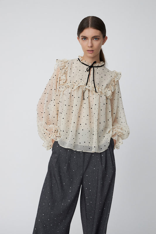 FLOCK PRINTED FLOUNCE BLOUSE | ECRU