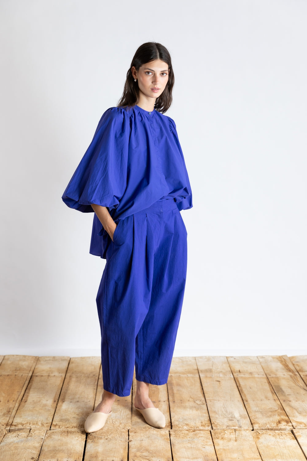 COTTON SHIRT WITH BALLOON SLEEVES | ROYAL BLUE
